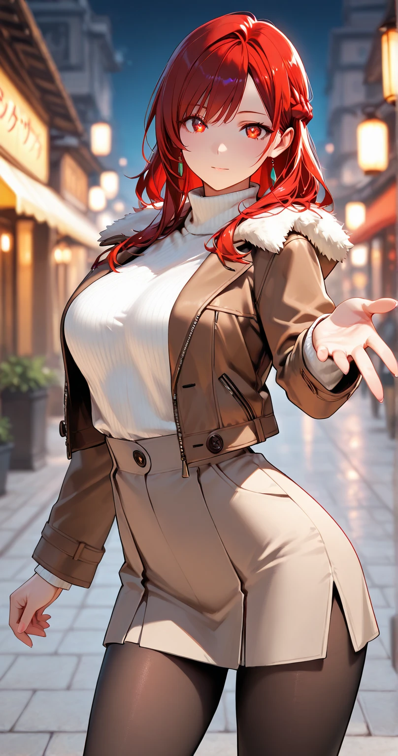 masterpiece, best quality, highres, 1girl, solo, kirijoarena, hair over one eye, fur coat, bodysuit, belt, TAKEBAARENA, PINK BODYSUIT, WHITE GLOVES, CHOKER, CLEAVAGE, happy, cowbow shot, city street