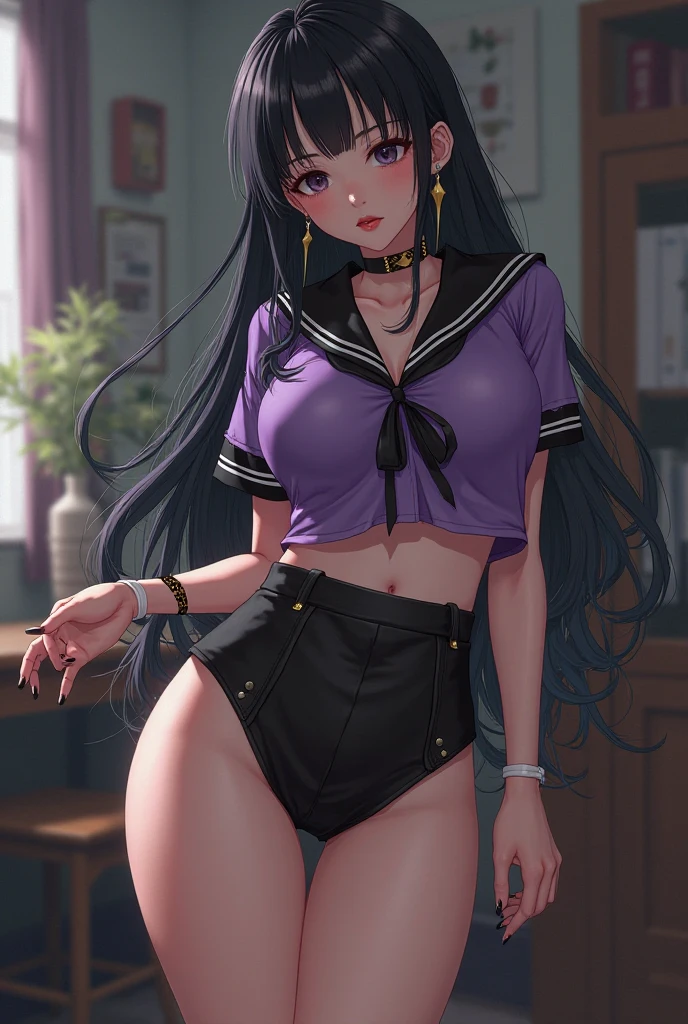 (best quality), (masterpiece), 1 girl, early 20's, small breasts, busty, perky breasts, thick, thick lips, wide hips, thin waist, angry face, angry expression, pleated skirt, knee socks, sports bra
