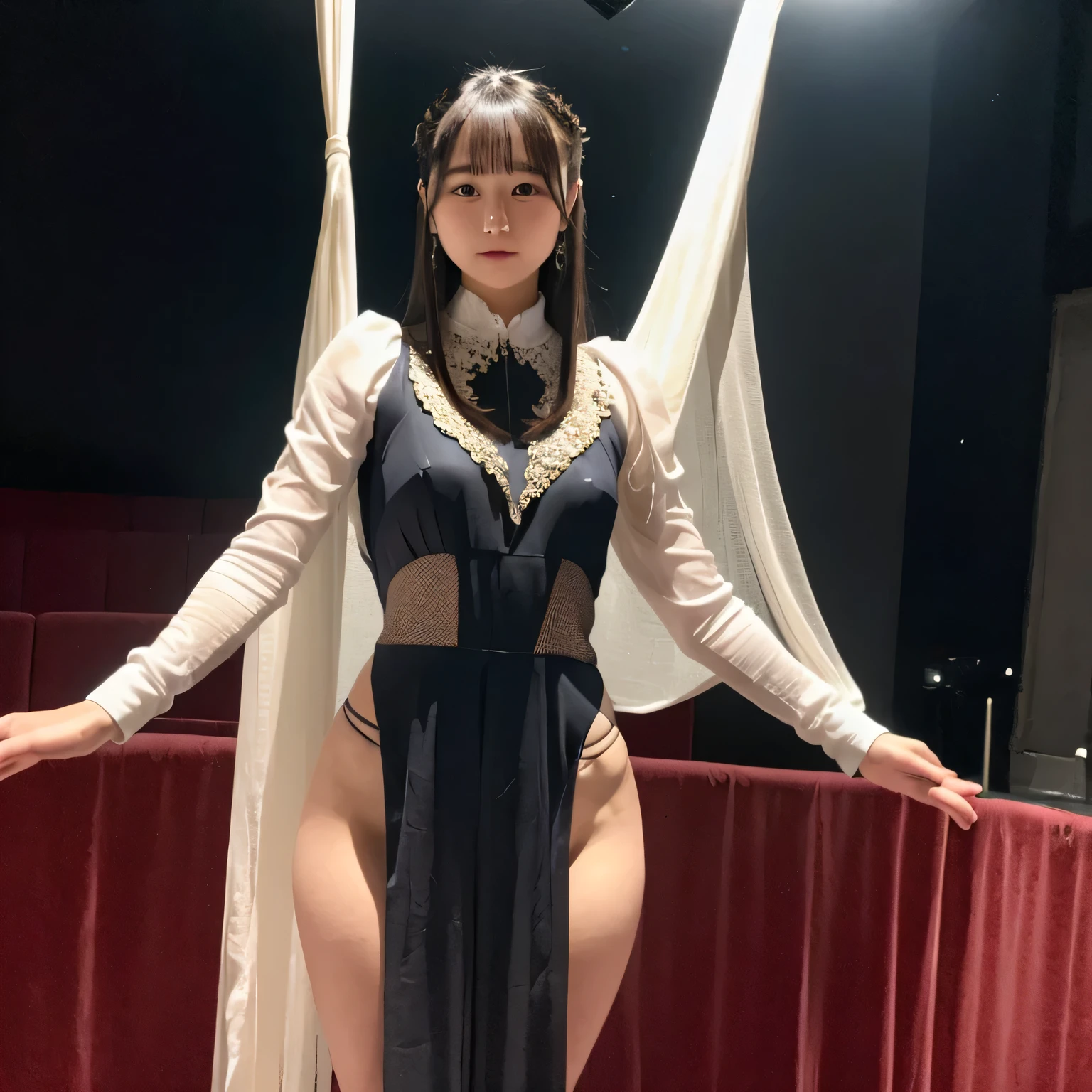 Depict a 20-year-old, breathtakingly beautiful woman performing an aerial silk routine in a dimly lit theater. She is suspended high above the stage, her body elegantly entwined in flowing silk fabric. Her costume is form-fitting, designed to accentuate both beauty and strength, with subtle shimmering details. The soft stage lighting highlights her toned physique, casting dramatic shadows that enhance the ethereal atmosphere of her performance. Black hair, long hair, dark eyes.