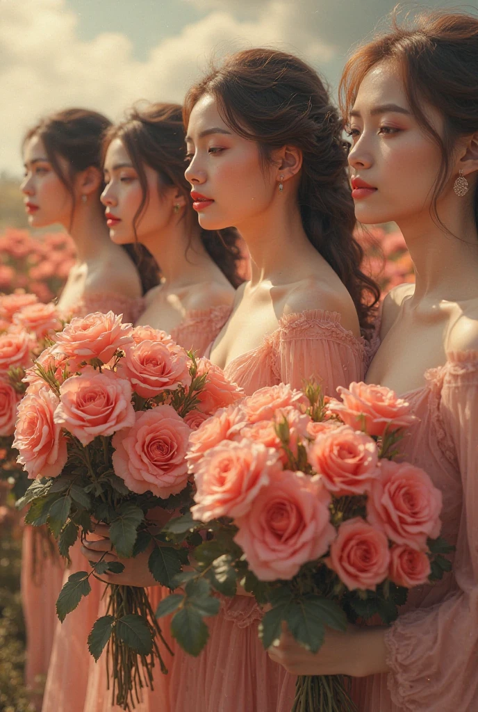 I'm taking photos for a new concept album. Create a concept photo of a girl group lost in a maze full of flowers