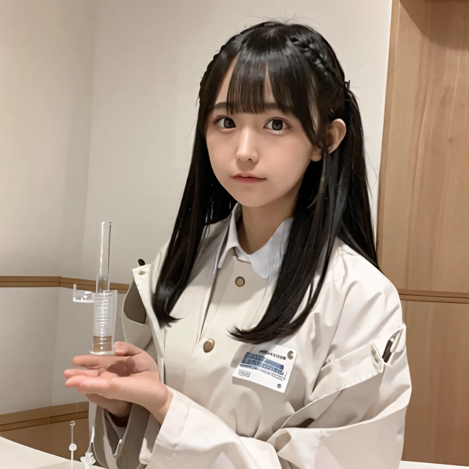 Depict a 20-year-old, stunningly beautiful woman conducting an experiment in a well-equipped science lab. She wears a pristine white lab coat over professional attire, her expression focused as she carefully handles scientific instruments. Whether her hair is long and neatly tied back or short and styled, she maintains a meticulous appearance suited for the lab environment. The background features shelves filled with scientific equipment, adding to the immersive atmosphere of the setting. Black hair, long hair, dark eyes.
