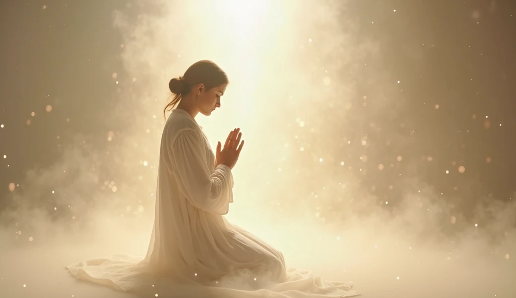 The person must be on their knees, with feet flat on the floor and hands clasped in front of chest in an attitude of prayer. The head should be tilted slightly downwards, reflecting a state of introspection and humility. Clothing should be simple and respectful., with soft and neutral colors, like white, gray or pastel tones, it could be a tunic or a dress, depending on the desired cultural context. The facial expression should be one of peace and devotion., with eyes closed and a slight smile of serenity, if appropriate. The background should be soft and non-intrusive., preferably in neutral tones or in a typical prayer environment, such as a quiet room or an outdoor space with soft lighting. Lighting should be soft and diffuse, creating a sense of calm and spirituality, with a soft glow around the figure to give a celestial or awe-inspiring effect. Make sure the image is high resolution, with sharp and clear details, reflecting the texture of the clothing, facial expression and posture in a well-defined way. The image should evoke a feeling of peace, tranquility and devotion, with a composition that reflects an atmosphere of calm and spirituality, paying special attention to the subtle details of posture and lighting.