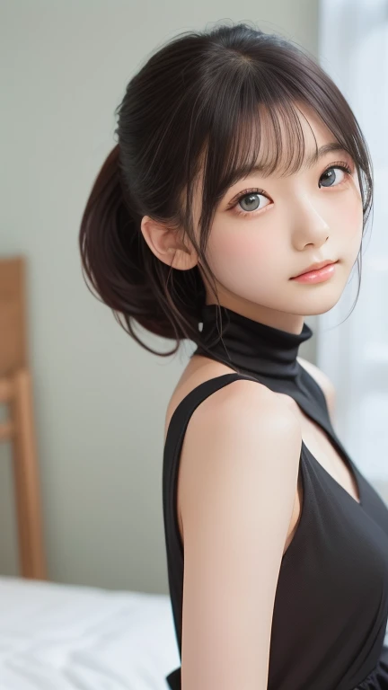 Skintight Black Top:1.2, View your viewers, Cinema Lighting, perfection, Soft Light, High Resolution Skins:1.2, Realistic skin texture, 14 years、Small Face、No makeup、, Off the shoulder,Bust B cup、Small cleavage, blue eyes, Hair Bun, Dark brown hair、Bold Pose、Geometric background
