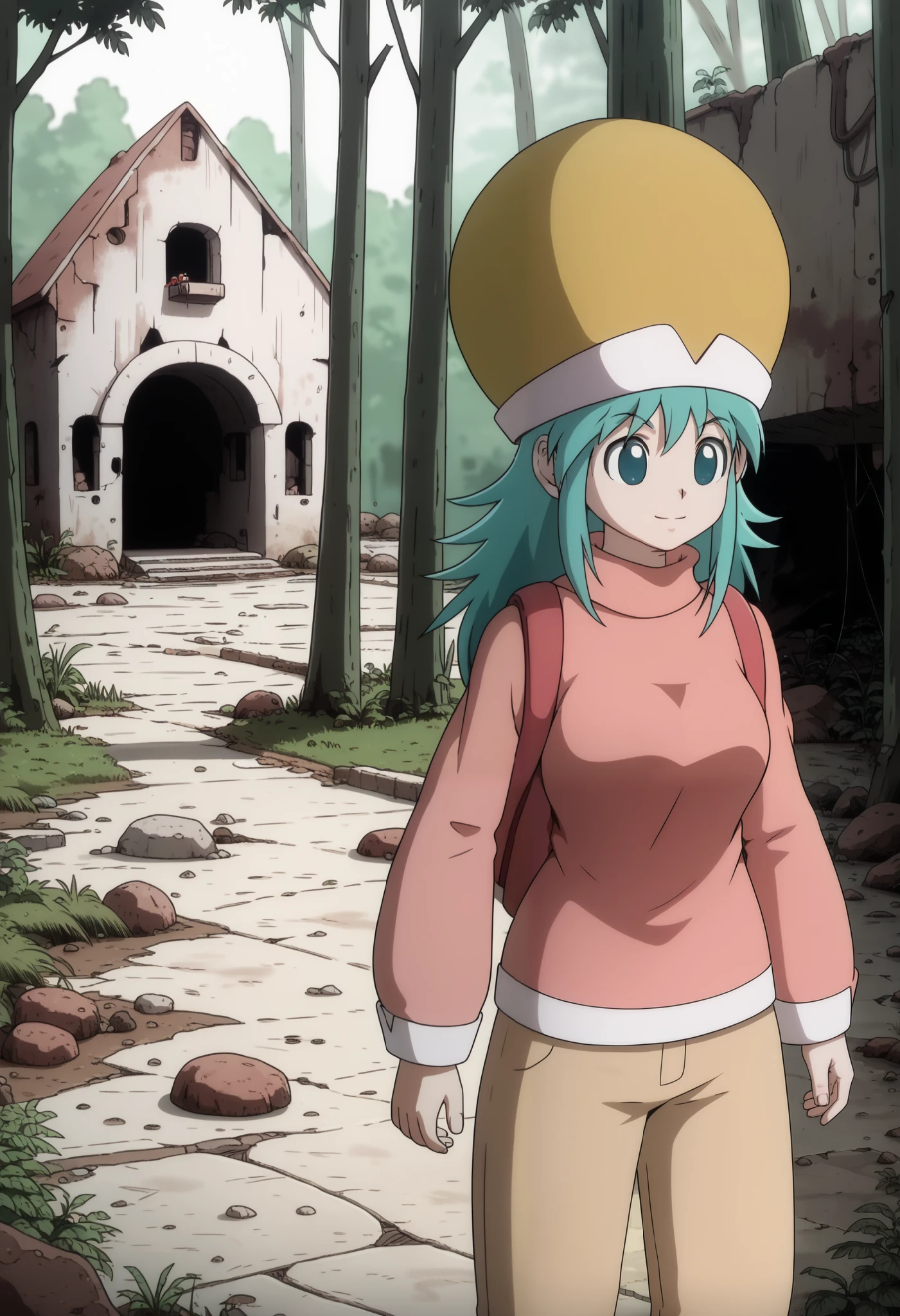 ponzu, hat, light blue hair, light blue eyes, smile, solo, score_9, (ultra nude breasts:1.2, ultra huge tits:1.2, ultra huge cleavages:1.2, ultra huge boobs:1.2), long sleeve pink shirt, red long pants, backpack, shoes, standing, in deep forest, trees, grasses, rocks, solid floor, solid ground, dark atmosphere, dark interior, (((upper body shot:1.3, close up:1.2, zoom up:1.2))), standing besides, abandoned concrete wall house, old, shabby messy,