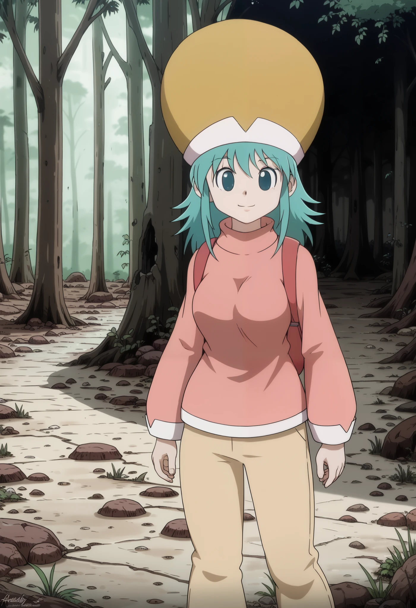 ponzu, hat, light blue hair, light blue eyes, smile, solo, score_9, (ultra nude breasts:1.2, ultra huge tits:1.2, ultra huge cleavages:1.2, ultra huge boobs:1.2), long sleeve pink shirt, red long pants, backpack, shoes, standing, in deep forest, trees, grasses, rocks, solid floor, solid ground, dark atmosphere, dark interior, (((upper body shot:1.3, close up:1.2, zoom up:1.2))), standing besides, abandoned concrete wall house, old, shabby messy,