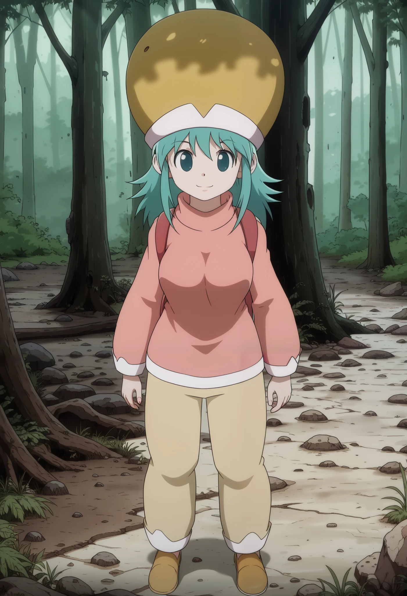 ponzu, hat, light blue hair, light blue eyes, smile, solo, score_9, (ultra nude breasts:1.2, ultra huge tits:1.2, ultra huge cleavages:1.2, ultra huge boobs:1.2), long sleeve pink shirt, red long pants, backpack, shoes, standing, in deep forest, trees, grasses, rocks, solid floor, solid ground, dark atmosphere, dark interior, (((upper body shot:1.3, close up:1.2, zoom up:1.2))), standing besides, abandoned concrete wall house, old, shabby messy, 