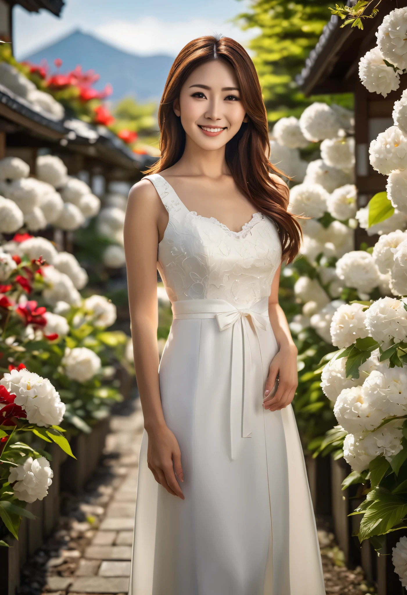 (Top Quality,8k,masterpiece,Ultra High Resolution 1.3),(photo realistic1.3),((Japanese woman)),smile,Long brown hair,white dress,full body,Flower Garden