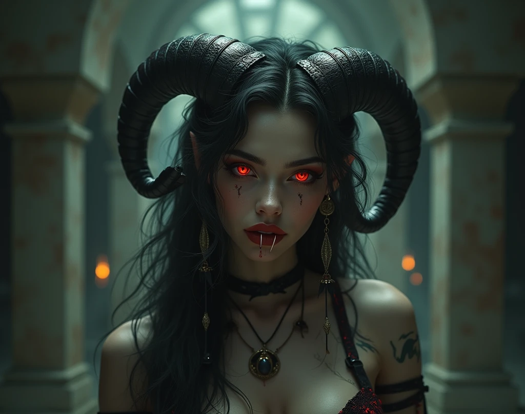 Demon with human face, chifres, and a red forked tongue. Pele branca e olhos vermelhos e brincos nas orelhas. com longa, garras negras.