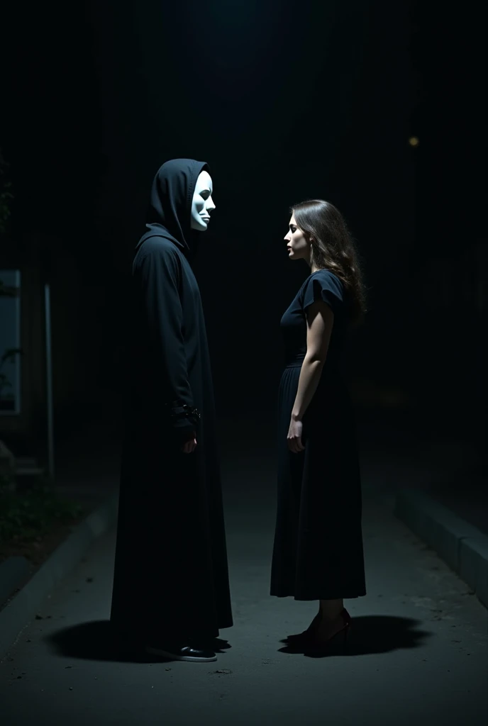 Famme Qui porte une cagoule à deux trou niveau des yeux qui dape une autre femme qui est àttache à une chaise les pieds attaché les mains attachés les yeux bendes dans une banque