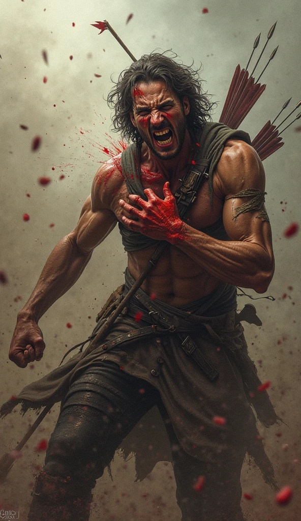 During the day, on the grass, there is the corpse of an attractive adult man with short black hair covered in burns and terrible bleeding wounds who seems to have suffered an explosion, his wounds and burns deform his body, he is covered in blood, gore, His face is deformed by sores and his black hair is singed, he wears a naked muscular torso, medieval clothing, bleeding wounds, burns, burned skin, terrifying image, corpse of a man, many wounds and remains.