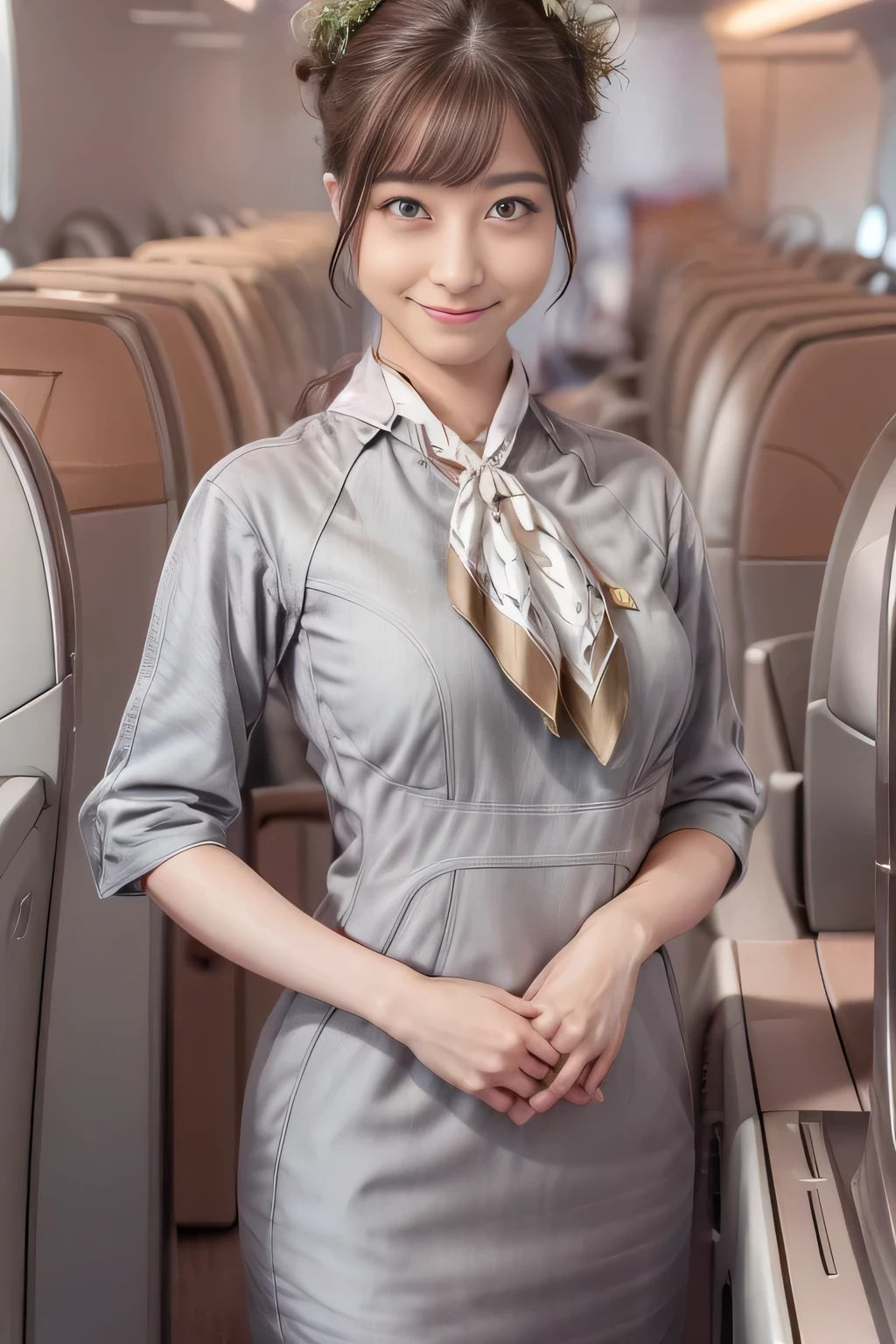  (masterpiece:1.2, best quality:1.2), 32kHDR, High Resolution, (alone、1 girl)、（Starlux Flight Attendant Uniforms）、 (At the airport counter, professional lighting)、A proper woman, beautiful face,、（Starlux Flight Attendant Uniforms Short Sleeve）、（Starlux Flight Attendant Uniforms）、（Scarf on chest）、Big Breasts、（long hair、hair bun）、dark brown hair、 long hit 、（（ amazing hands：2.0）），（（A harmonious body shape：1.5）），（（Normal limbs：2.0）），（（Usually refers to：2.0）），（（Normal eyes：2.0））)、Beautiful position、smile、Hands crossed underneath 