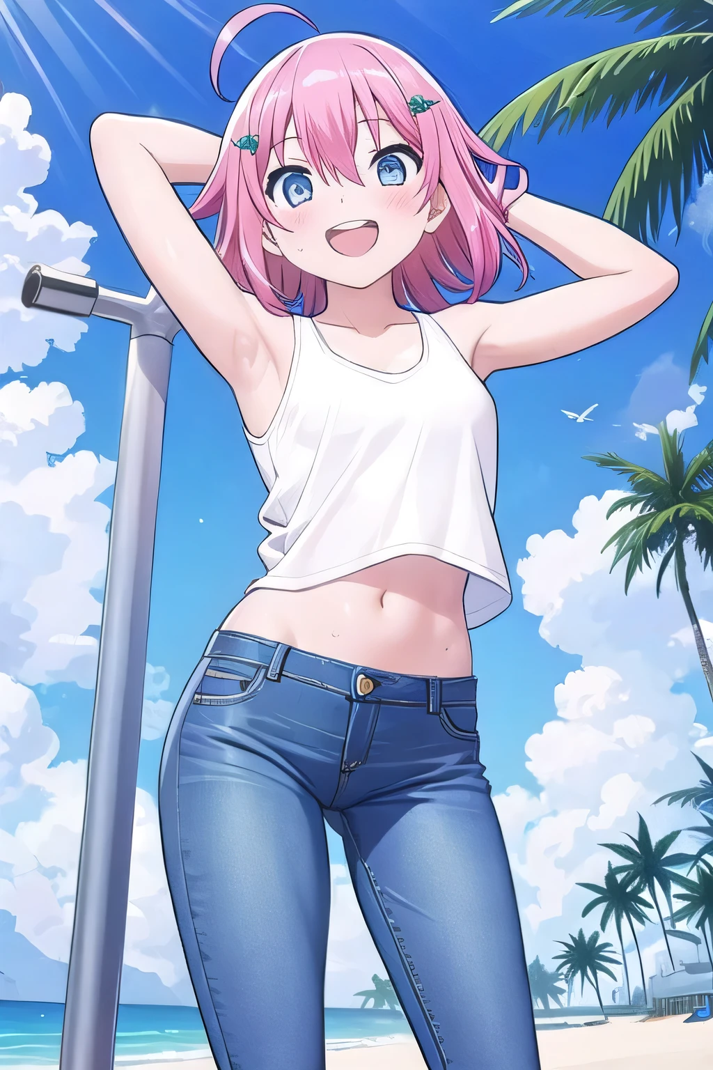 beach,masterpiece,best quality, <lora:SDXLkamomi:1>1gir,pink hair,short hair,school swimsuit,