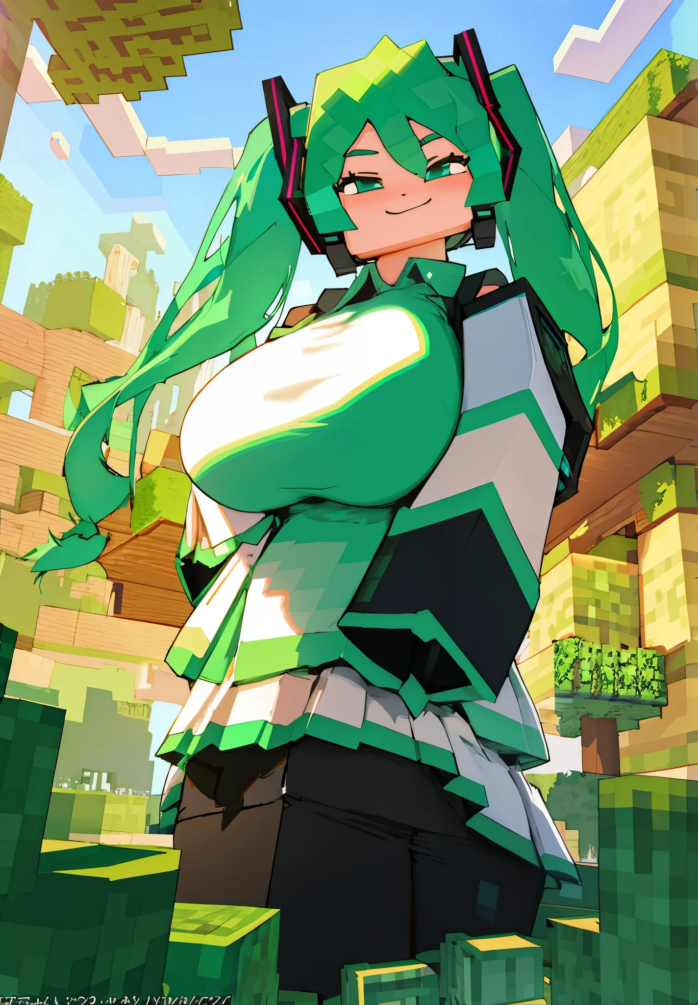 Minecraft, RTX, masterpiece, High quality, highres, Hatsune Miku, big, full breasts、a slight smile、Outec, de primera calidad, official art , ((huge :1.2)),
