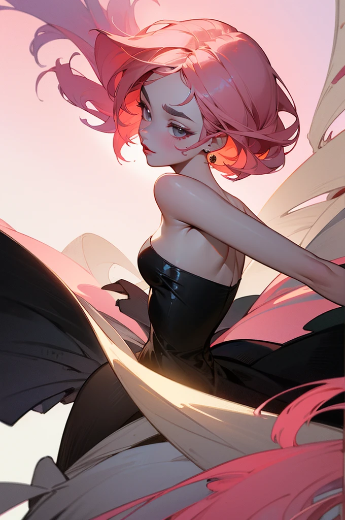 pink  hair, pink eyes and white skin, small breasts and curvy body, black gown