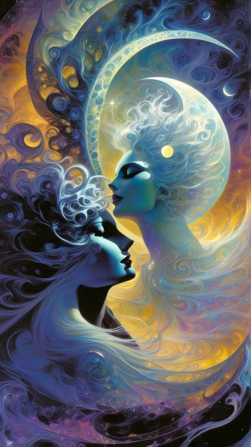 the famous love affair between Goddess of the moon Selene and mortal Endymion, fractal art, (art inspired by Bill Sienkiewicz). oil painting)

