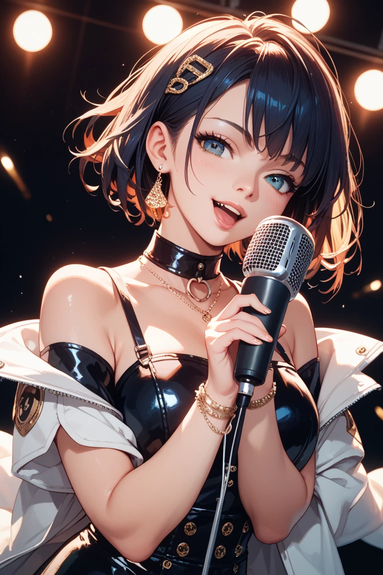 Girl, Big Breasts, Short Hair, 17 Years Old, Open Mouth, Singing, Smiling, Staring at the Viewer, Front View, Stage, Live, Spotlight, Indoors, Detailed, Beautiful Detailed Eyes, Indoors, {{{{{ Detailed face}}}}}, photorealistic, detailed body, super detailed, top quality, beautiful detailed eyes, cinematic lighting, super detailed skin, idol singing costume, idol singing costume , idol smiles, singing costumes