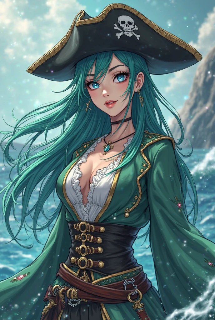 Dark and gloomy whole body 8K uniform rendering, Maiden pirate, Pirate hat,crisp breasts,Rainbow gradient hair, Wearing tattered armor, In a cluttered shack , Motion blurred,action shot, tattered torn shirt, Cracking of porcelain skin, skin pore, detailed intricate iris, Sail ships,the ocean,very dark lighting, heavyshading, Detailed, Detailed face, (vibrant, photograph realistic, Realistic, Dramatic, Dark, Sharp focus, 8K)