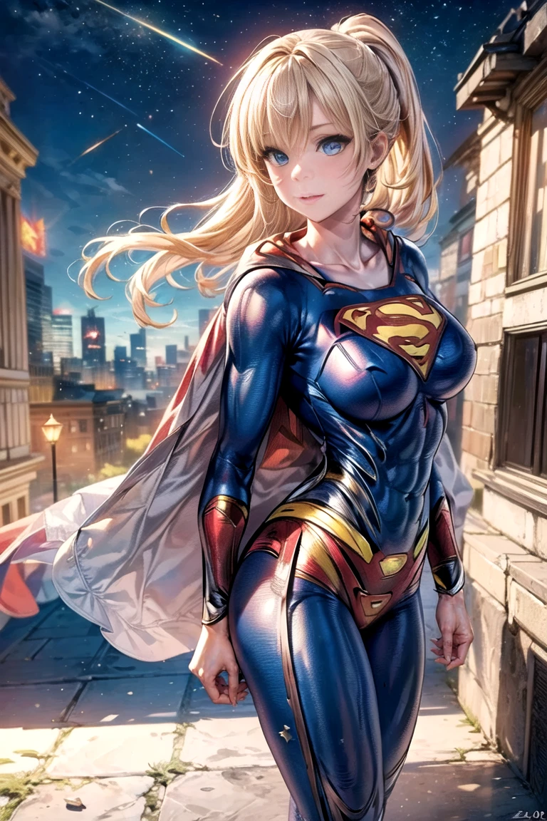 (best quality, masterpiece, colorful, dynamic angle, highest detailed)(Supergirl), upper body photo, fashion photography of cute blonde long hair girl (Supergirl), dressing high detailed Supergirl suit (high resolution textures), in dynamic pose, bokeh, (intricate details, hyperdetailed:1.15), detailed, moonlight passing through hair, perfect night, fantasy background, (official art, extreme detailed, highest detailed), HDR+