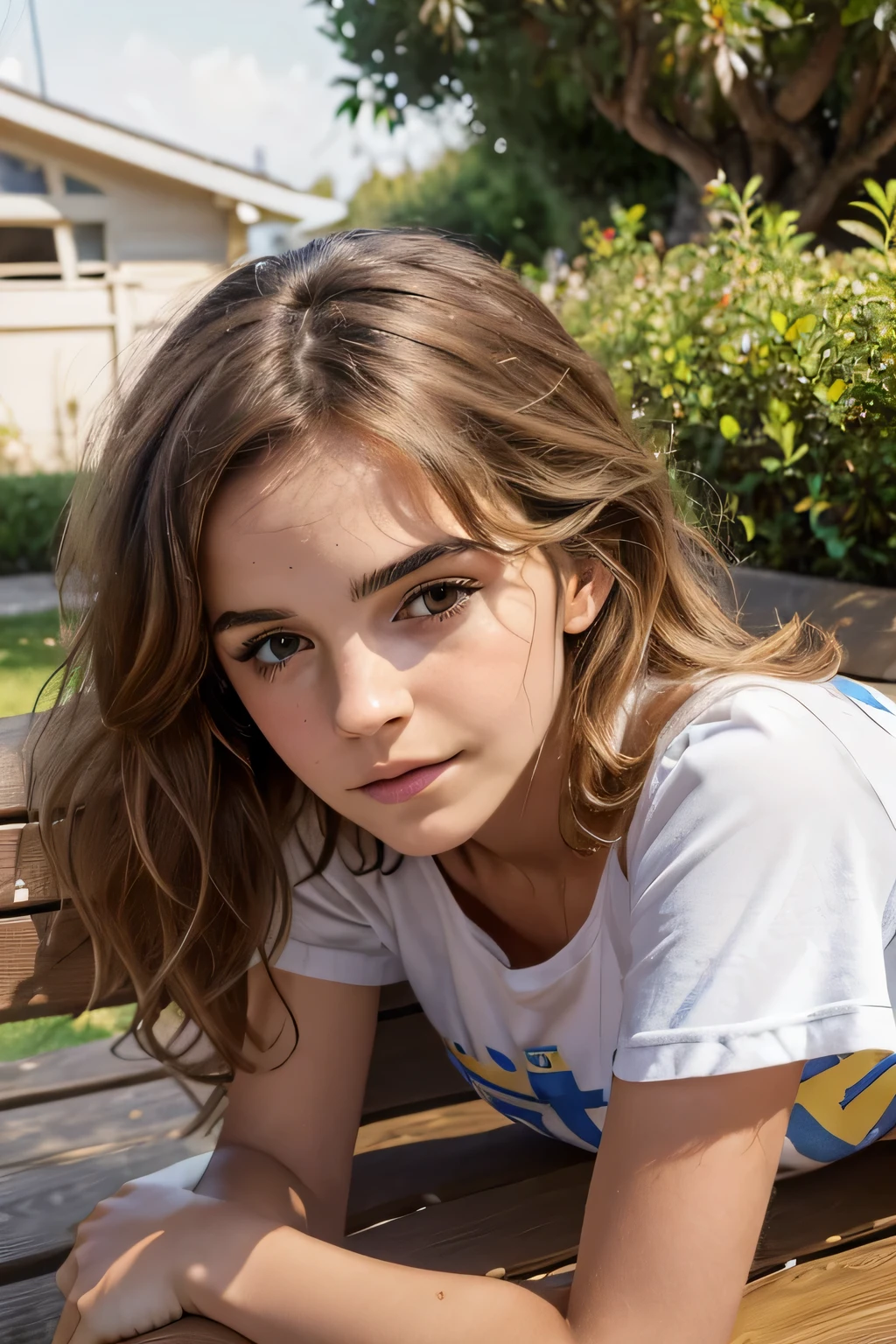 Gorgeous european woman with curly hair, bushy hair with bangs, thick hair, shoulder length hair, shiny hair, streaked blonde hair, skinny, thin waist, Emma Watson in cute clothes, small breasts, (wearing a thin cropped t-shirt with the Greek flag and short jean shorts, (lying face down over a bench, leaning forward, sleepy expression, Half-Lidded eyes, glossy lips, focus on breasts: 1.2), leaning over a counter, (British bungalow, British neighborhood, evening), (extremely detailed 8k wallpaper)