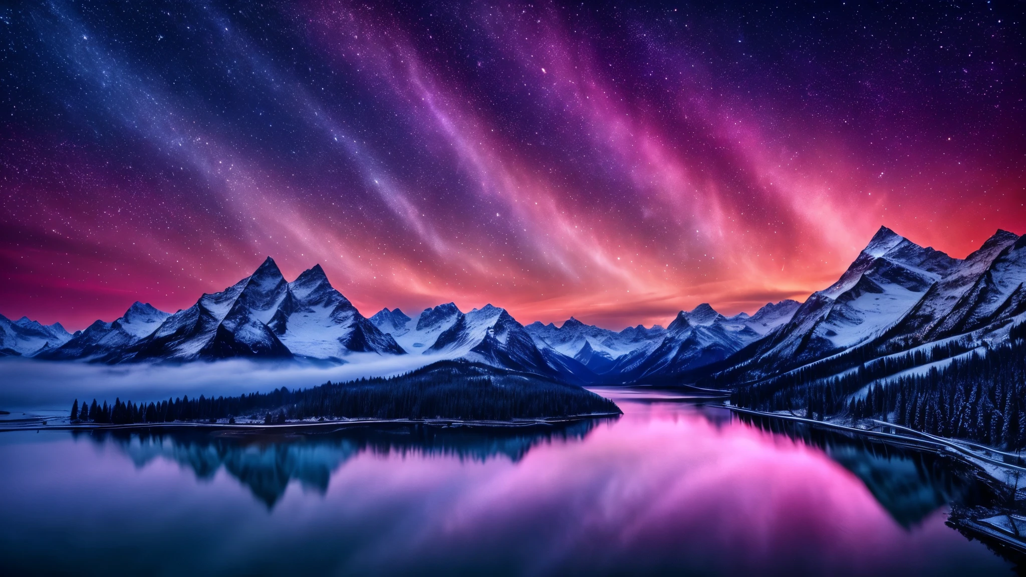 best quality, masterpiece, Beautiful Wild Natural Fantasy Scenery with Shining Light,Spectacular nature ,Delicate Natural Atmosphere,Majestic scenery shining in red and purple,Aerial view,Magnificent Mountain々,