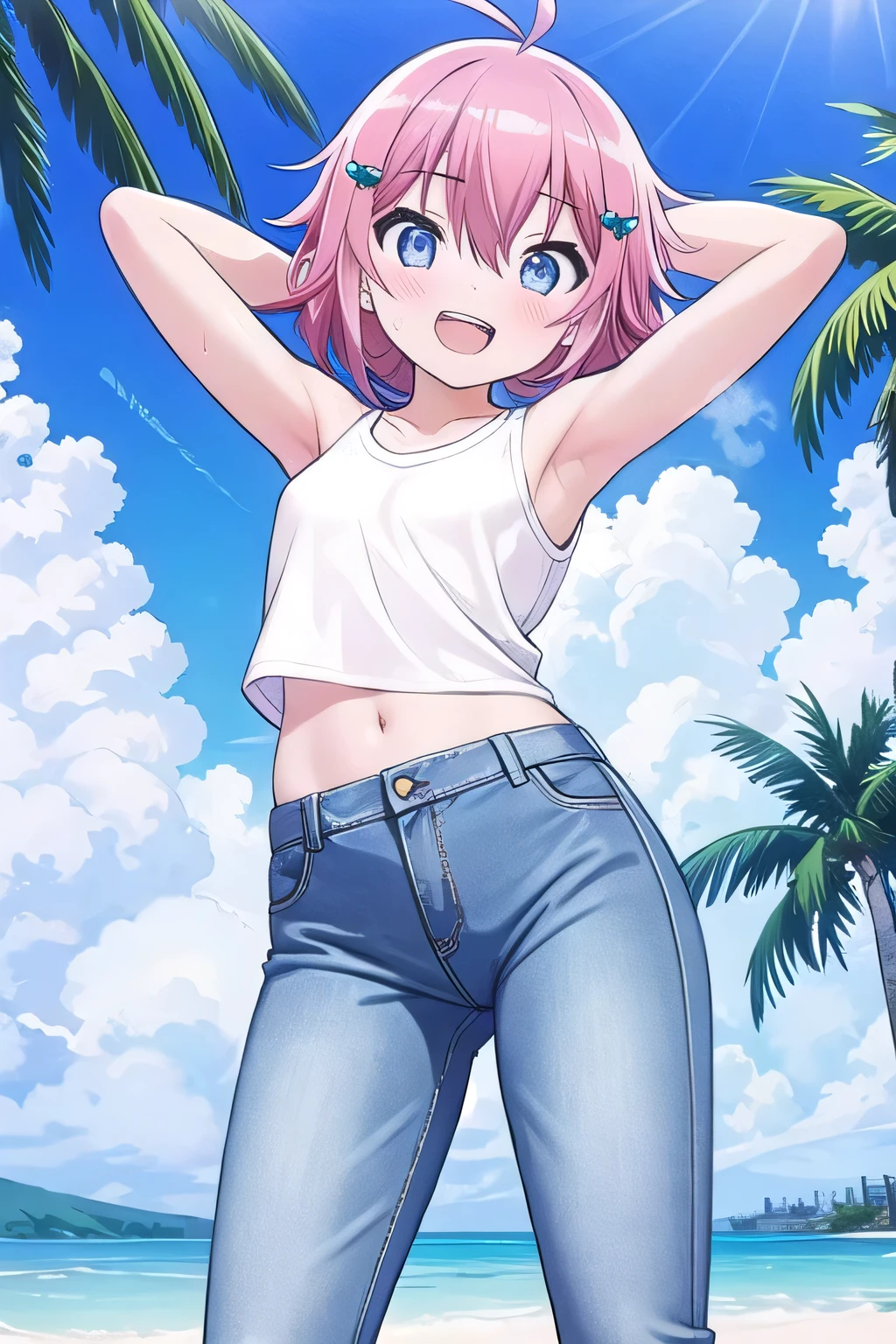 masterpiece,best quality,ultra detail, ((Perfect Face, Perfect Arms, Perfect hands, Perfect Fingers)), 1girl, , peti ((round face, ecstasy, orgasm face, drooping eyes, shame smiling, blush)), dropping eyes, sleepy, Open mouth, ((White teeth)), background((under the beach, (day:1.2), palm tree, bright sky)), miku hatsune, ahoge, aqua eyes, (pink hair:1.4), crossed bangs, hair between eyes, hair ornament, (short hair:1.4), (messy hair:1.7), ((arms behind head, hands behind head, fingers behind head)), ((contrapposto)), spread armpits, looking at viewer,, (white tank top:1.2), (white crop top:1.2), (jeans pants:1.2, flares jeans:1.2, skinny jeans:1.2, blue jeans:1.2), standing, (legs spread:1.4), sex pose, Sweaty crotch, Steam from the crotch, from below, whole body