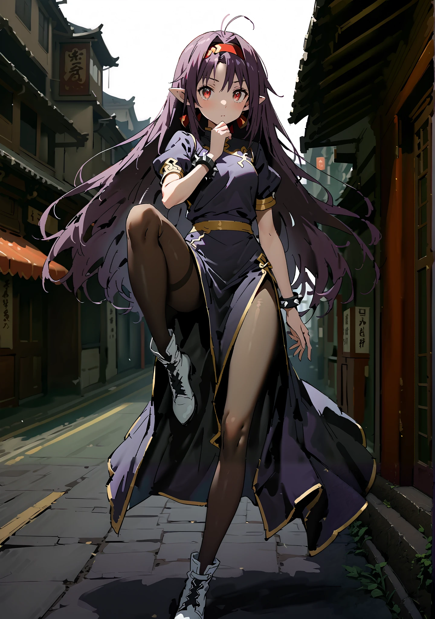 score_9, score_8_up, score_7_up, source_anime,
yuukiKonno, Konno Yuuki, red hair band, long hair, pointed ears, purple hair, red eyes, double chauban ,serious,close your mouth,chunlicosplay, Chunli \(cosplay\), blue dress, boots, bracelet, brown pantyhose, china dress, Chinese clothes, cross lace footwear, dress, gold trim, jewelry, pantyhose, pelvic curtain, puff sleeve, band, short sleeve, side slits when it comes out, spiked bracelet, spike, White footwear,standing, leg up, Leg lift, Beautiful cityscape, combat posture,full bodyがイラストに入るように, break outdoors,Chinatown,
break looking at viewer,full body,
break (masterpiece:1.2), best quality, High Resolution, Unity 8K Wallpaper, ( illustration of a woman with a penis :0.8), (Beautiful Detailed Eyes:1.6), very detailed face, perfect lighting, very detailed CG, (perfect hands with full nudity, perfect anatomy),