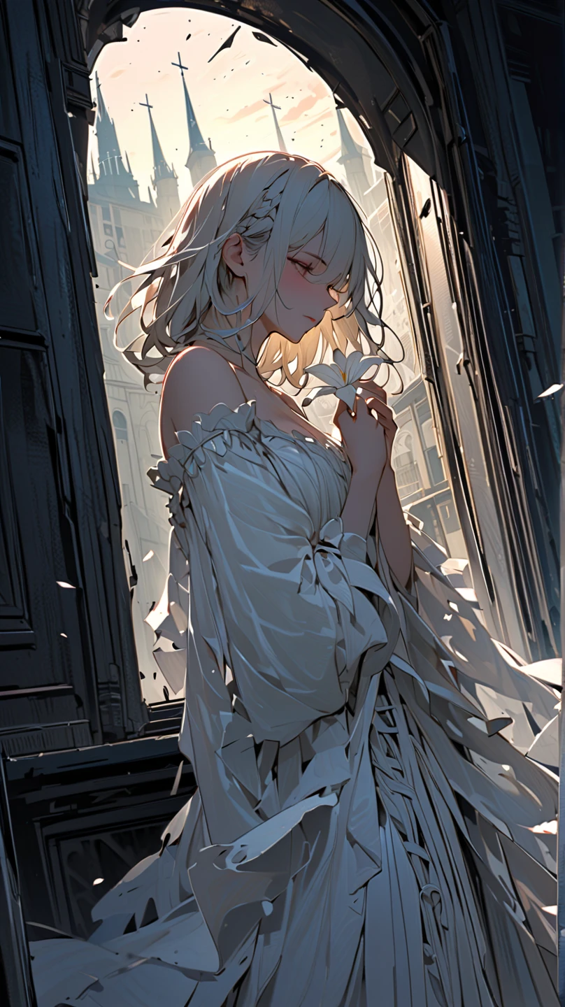 armorAUG,1GIRL,tousled white hair with long curls,mythology,outdoors,orange clouds,dim lighting,wasteland,night,midnight, high quality, good face, quality hands, five fingers per hand