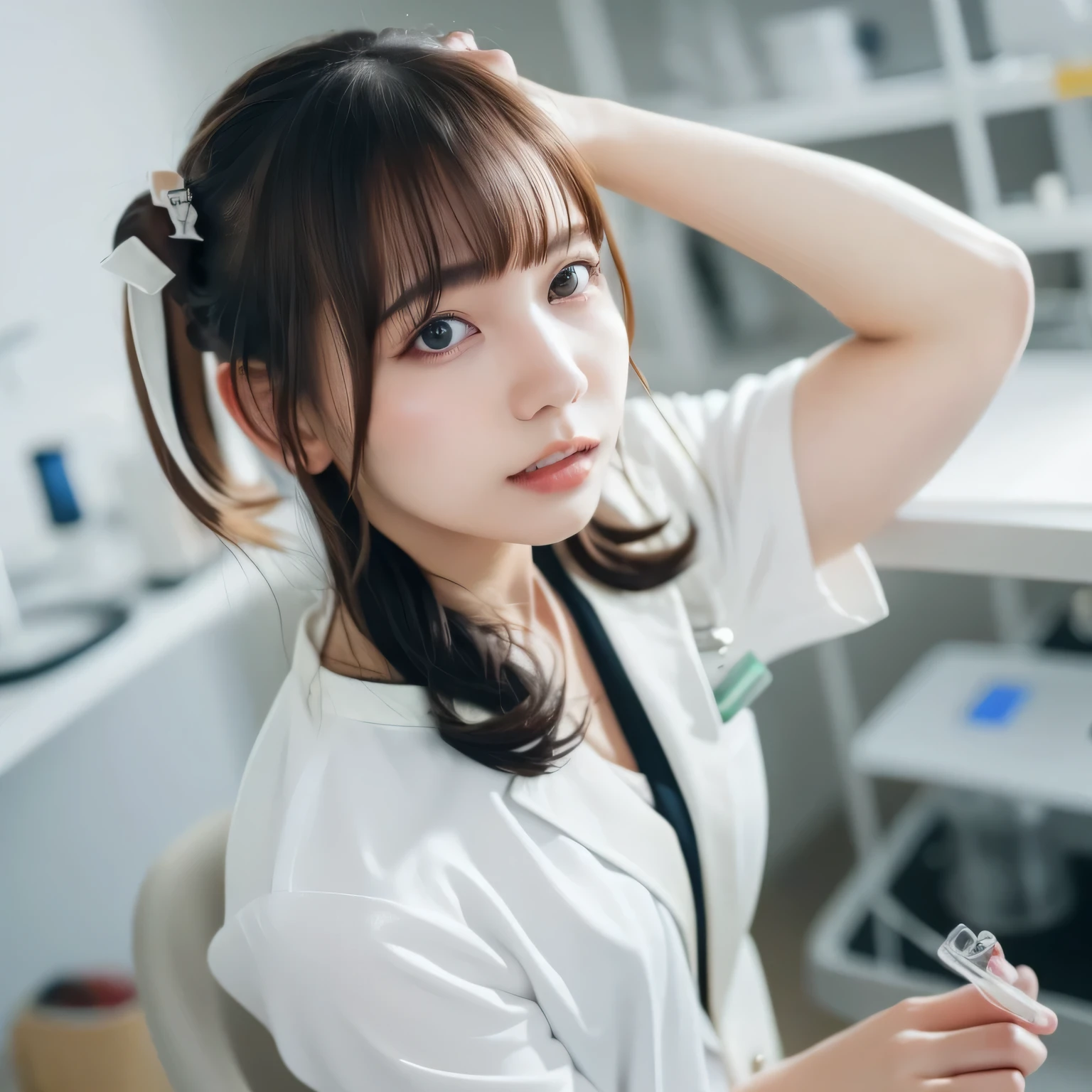 Depict a 20-year-old, stunningly beautiful woman conducting an experiment in a well-equipped science lab. She wears a pristine white lab coat over professional attire, her expression focused as she carefully handles scientific instruments. Whether her hair is long and neatly tied back or short and styled, she maintains a meticulous appearance suited for the lab environment. The background features shelves filled with scientific equipment, adding to the immersive atmosphere of the setting. Black hair, long hair, dark eyes.