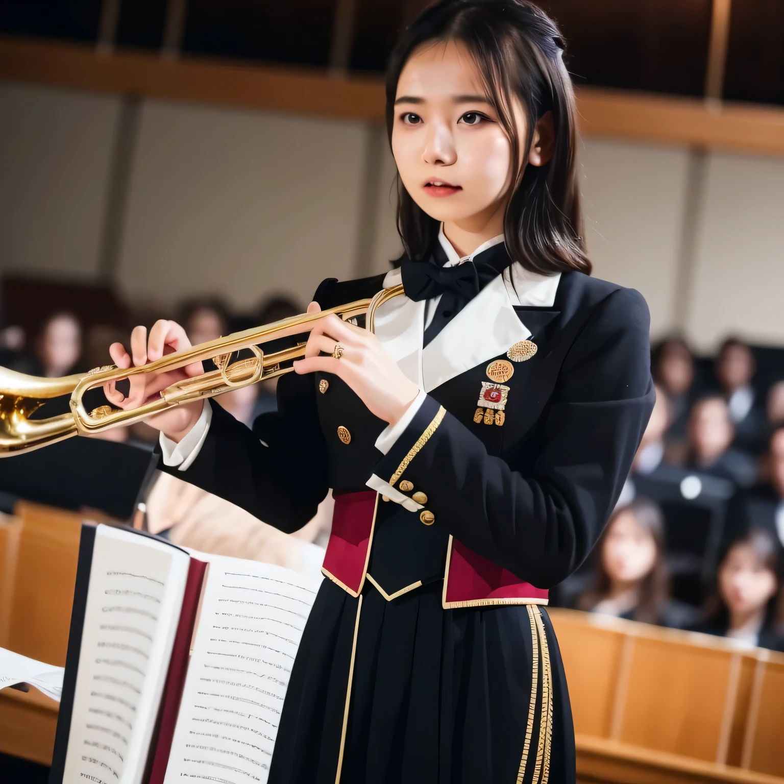 Depict a 20-year-old, dazzlingly beautiful woman playing a brass instrument in a grand concert hall. She wears an elegant yet practical band uniform, designed with intricate gold embroidery. Her posture is poised, fingers positioned with precision, her eyes focused as she plays passionately. The warm stage lighting highlights the shine of her instrument, creating a visually striking contrast between her and the surrounding orchestra. Black hair, long hair, dark eyes. 