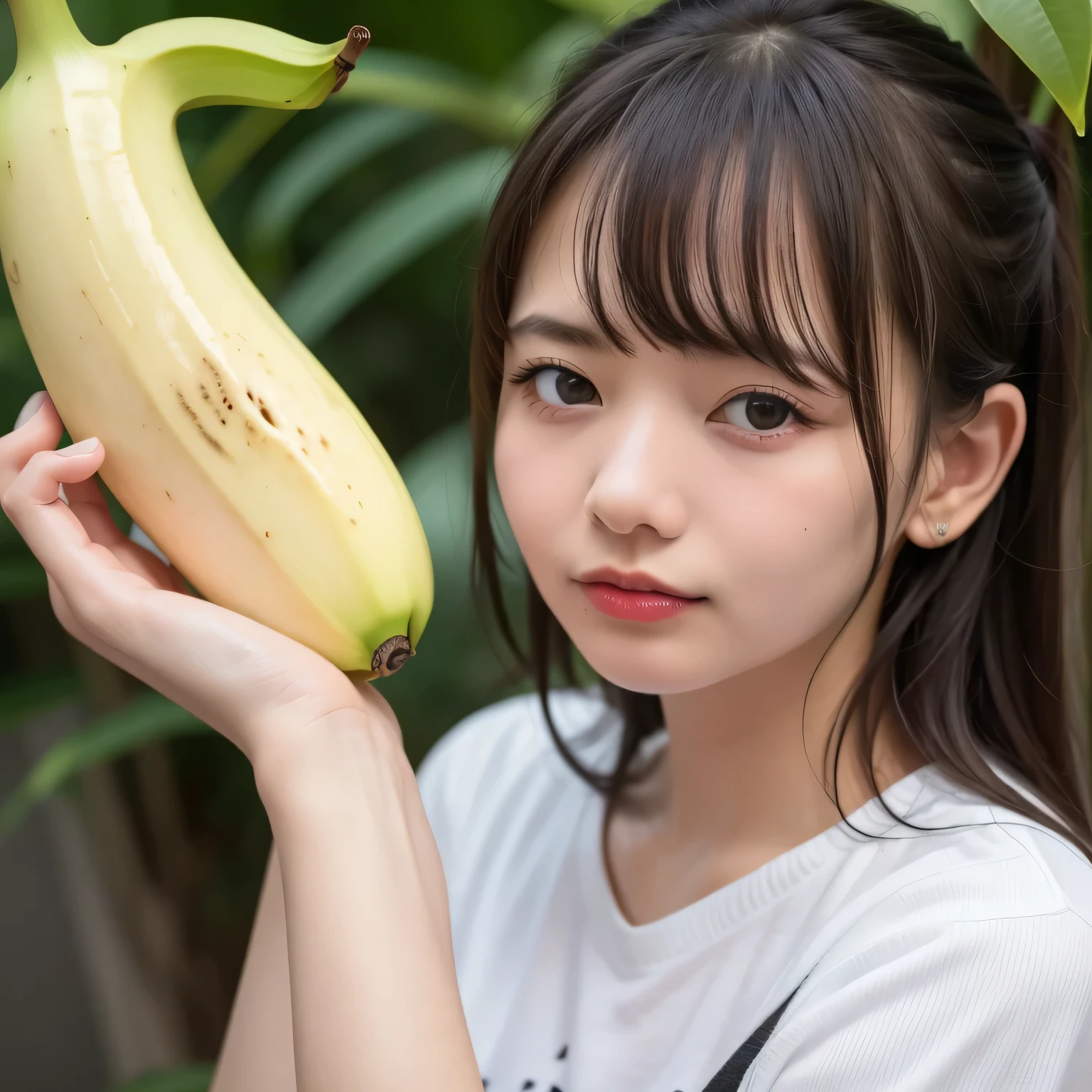 She is holding a banana with its peel partially removed, revealing the white fruit inside. She is eating the exposed white part. Black hair, long hair, dark eyes.