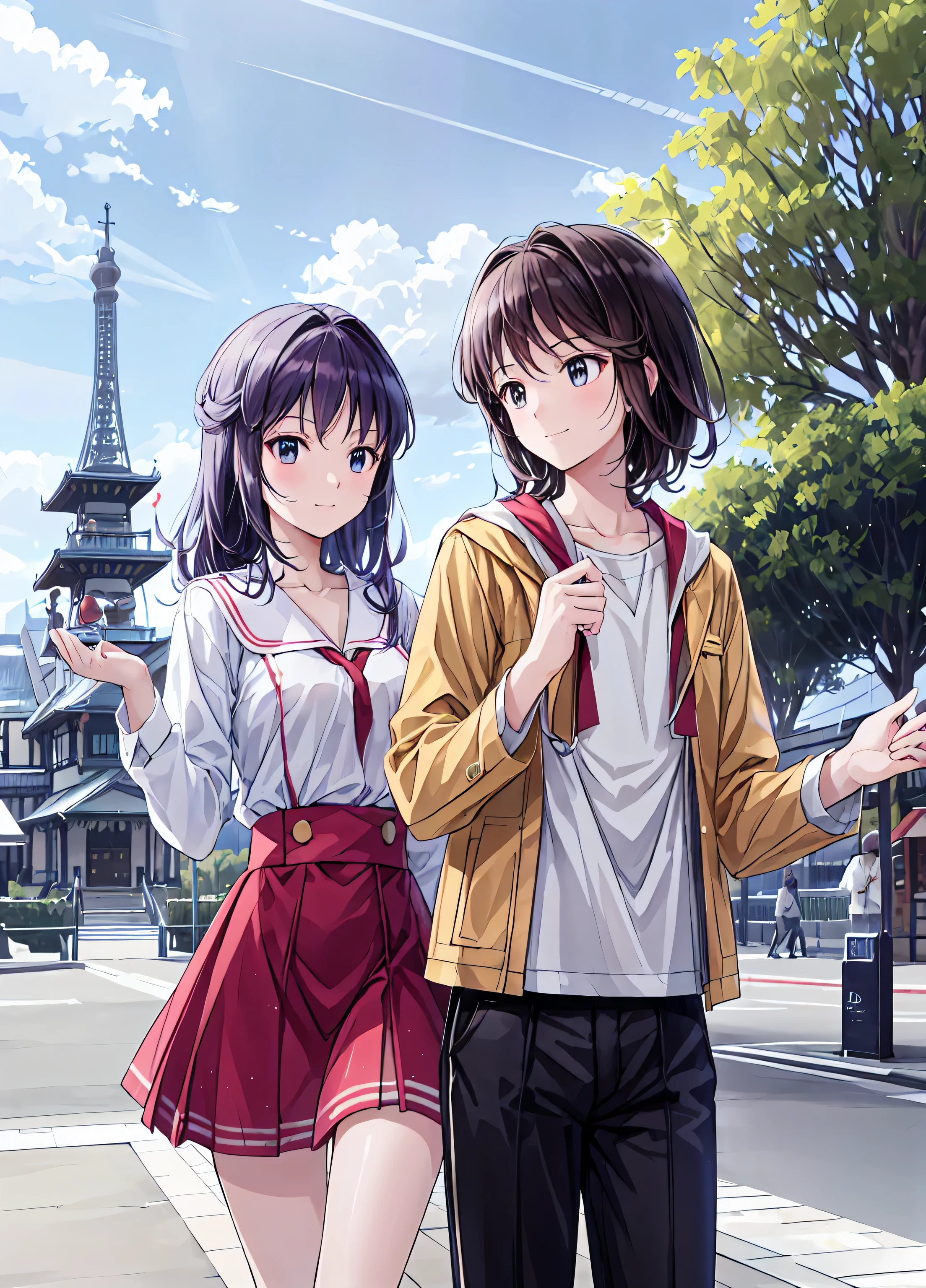 ((masterpiece)), (anime:1.5), ((Top Quality)), (RAW photo:1.2), (high image quality:1.3), (Professional photography by bringing your hands in front of your face:1.2), ( Color Difference), One Girl, (()), (serious), ( beautiful brown eyes:1.3), Human viewers walk around, Plain Shirt, O-ring, disheveled hair, medium hair, ( put your hands in your pants ), ((Take off your work pants)), Light Brown Hair, (small breasts), Cute waist, Outdoors, ((Top of the big bell tower)),brown hair,Elbow to hand shortcut, disheveled hair , short braided hair, Neat , slender beauty ,Dignified posture,small breasts,beautiful legs, Her enchanting gray-blue eyes shine like stars.,bright colors,beautiful eyes,delicate smile,textured skin,top qualityのものが最高, A parody of a graceful and beautiful woman , anime、 Tokyo Disneyland , Walk through the vibrant and magical atmosphere of Tokyo Disneyland, casual clothes、 cute clothes、Cinderella Castle can be seen in the background, warm sunshine、the vibrant and fun atmosphere of Disneyland,Families and couples passing by,
anatomically correct, smile, cowboy shooting,