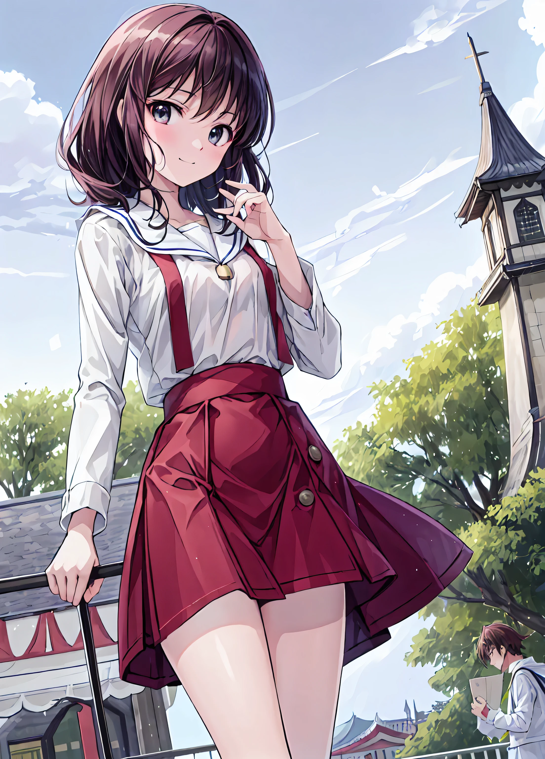 ((masterpiece)), (anime:1.5), ((Top Quality)), (RAW photo:1.2), (high image quality:1.3), (Professional photography by bringing your hands in front of your face:1.2), ( Color Difference), One Girl, (()), (serious), ( beautiful brown eyes:1.3), Human viewers walk around, Plain Shirt, O-ring, disheveled hair, medium hair, ( put your hands in your pants ), ((Take off your work pants)), Light Brown Hair, (small breasts), Cute waist, Outdoors, ((Top of the big bell tower)),brown hair,Elbow to hand shortcut, disheveled hair , short braided hair, Neat , slender beauty ,Dignified posture,small breasts,beautiful legs, Her enchanting gray-blue eyes shine like stars.,bright colors,beautiful eyes,delicate smile,textured skin,top qualityのものが最高, A parody of a graceful and beautiful woman , anime、 Tokyo Disneyland , Walk through the vibrant and magical atmosphere of Tokyo Disneyland, casual clothes、 cute clothes、Cinderella Castle can be seen in the background, warm sunshine、the vibrant and fun atmosphere of Disneyland,Families and couples passing by,
anatomically correct, smile, cowboy shooting,