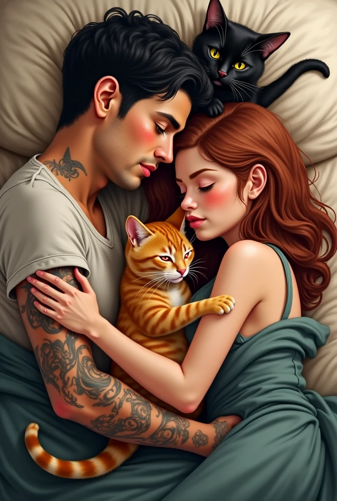 Male long hair beautiful on bed satin sheets flowers two cats