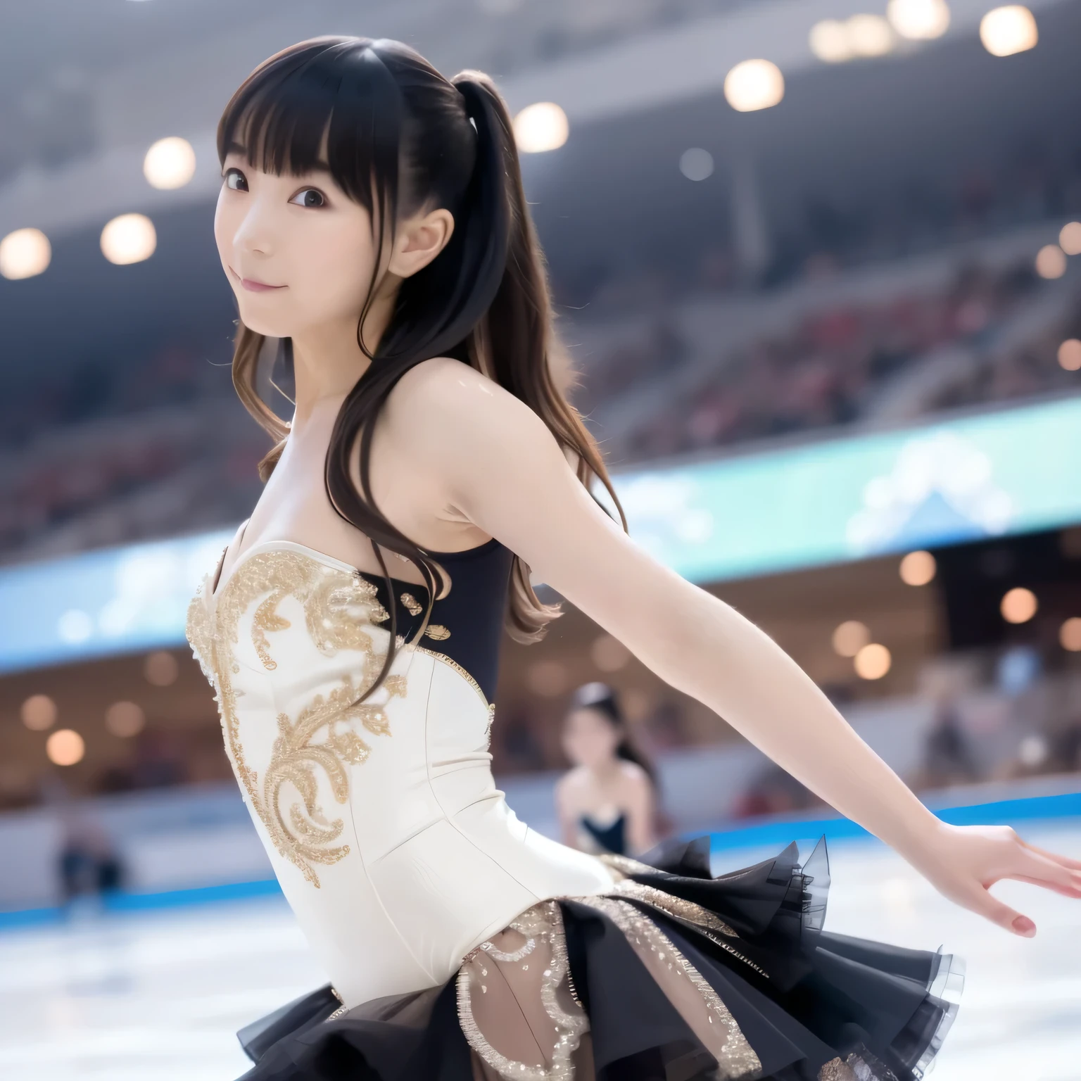 A breathtakingly beautiful 20-year-old woman glides dynamically across the ice rink, dressed in an exquisitely detailed and elegant figure skating costume. Her graceful movements exude both power and finesse as she carves intricate patterns into the ice. The soft arena lighting casts a gentle glow, highlighting the shimmering fabric of her outfit and the fluidity of her performance, creating a mesmerizing scene of beauty and athleticism. Black hair, long hair, dark eyes.