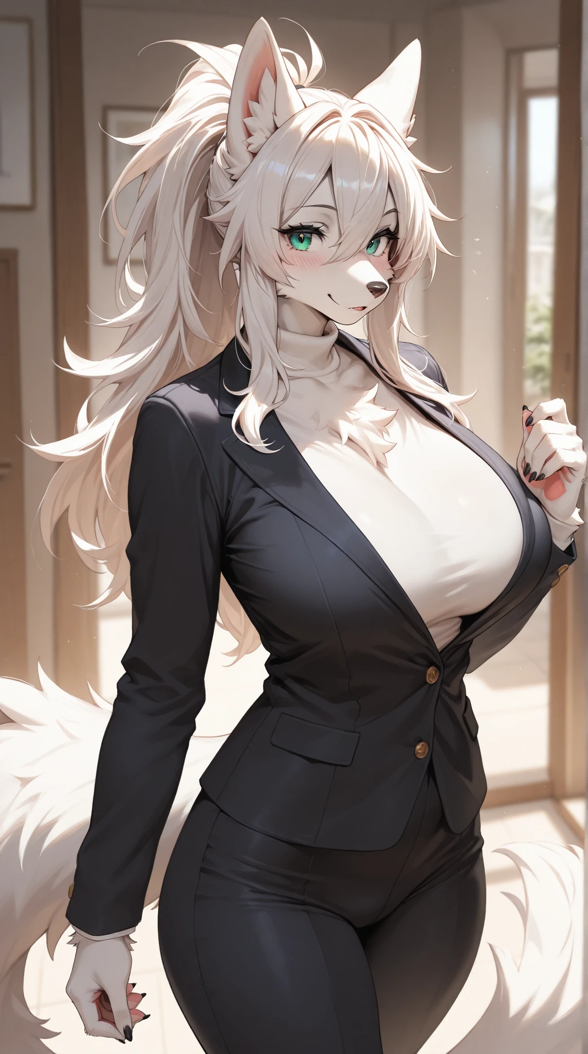 (Hi repaint)) , ((best quality)), illustration, hairy, Cat, animal ears, Tail, bodysuit, 1 girl, leave, Upper body, 1 girl, alone, long hair, white hair, , pink eyes, White shirt, looking at the audience, Smile,(Big breasts)