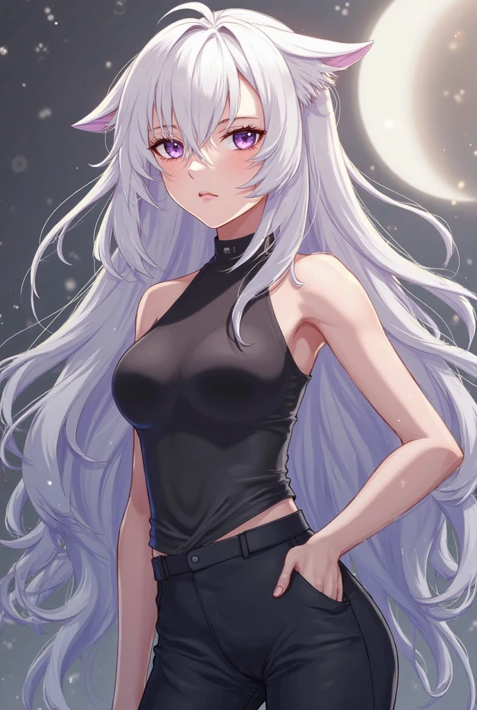 a girl, 20 years old,from below,looking at viewer,long hair,silver hair, ((highlights hair, smoky purple streaked hair)),purple eyes,dark skin,skinny body, large breast, happy,long dress, black dress,(night:1.2),moon,outdoor,western style mansion, Best Quality, High resolution, Extremely detailed, Detailed background, Perfect Lighting