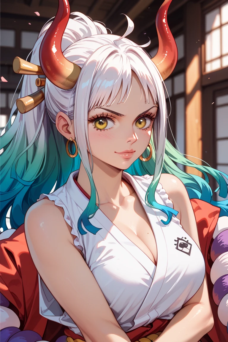 1girl, portrait beautiful Yamato OP,room, solo, japanese_clothes, kimono, bare_shoulders,big breasts,plump,perfect body, sleeveless, sleeveless_kimono, Shimenawa, looking_at_viewer, bare_arms, V-shaped_eyebrows, hakama, closed_mouth, orange_ eyes, aqua_hair, red_eyes, two tone_hair, serious, frown, sky, fighting_stance, volumetric lighting, best quality, masterpiece, complex detail, tone mapping, sharp focus, ultra detail, trend on artstation,