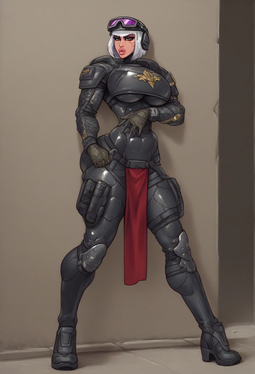 girl (1girl muscular grey background pale skin bodybuilder) toned body large breasts thin waist black hair yellow eyes straight hair sweaty hair between eyes skintight , epic realism, Full body, knight templar, crusader knight, Templar Helmet, Templar Armor, sideboob