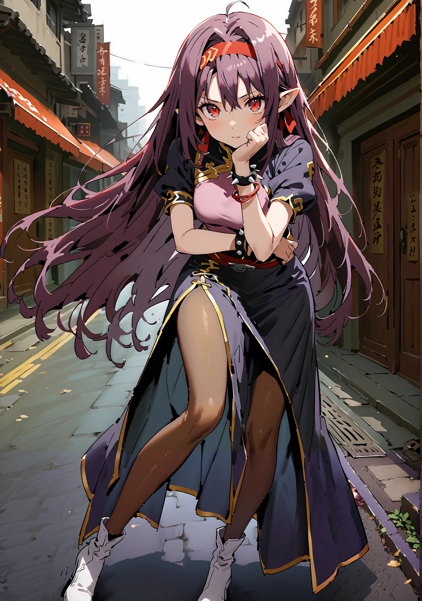 score_9, score_8_up, score_7_up, source_anime,
yuukiKonno, Konno Yuuki, red hair band, long hair, pointed ears, purple hair, red eyes, double chauban ,serious,close your mouth,chunlicosplay, Chunli \(cosplay\), blue dress, boots, bracelet, brown pantyhose, china dress, Chinese clothes, cross lace footwear, dress, gold trim, jewelry, pantyhose, pelvic curtain, puff sleeve, band, short sleeve, side slits when it comes out, spiked bracelet, spike, White footwear,standing, Beautiful cityscape, combat posture,full bodyがイラストに入るように, break outdoors,Chinatown,
break looking at viewer,full body,
break (masterpiece:1.2), best quality, High Resolution, Unity 8K Wallpaper, ( illustration of a woman with a penis :0.8), (Beautiful Detailed Eyes:1.6), very detailed face, perfect lighting, very detailed CG, (perfect hands with full nudity, perfect anatomy),