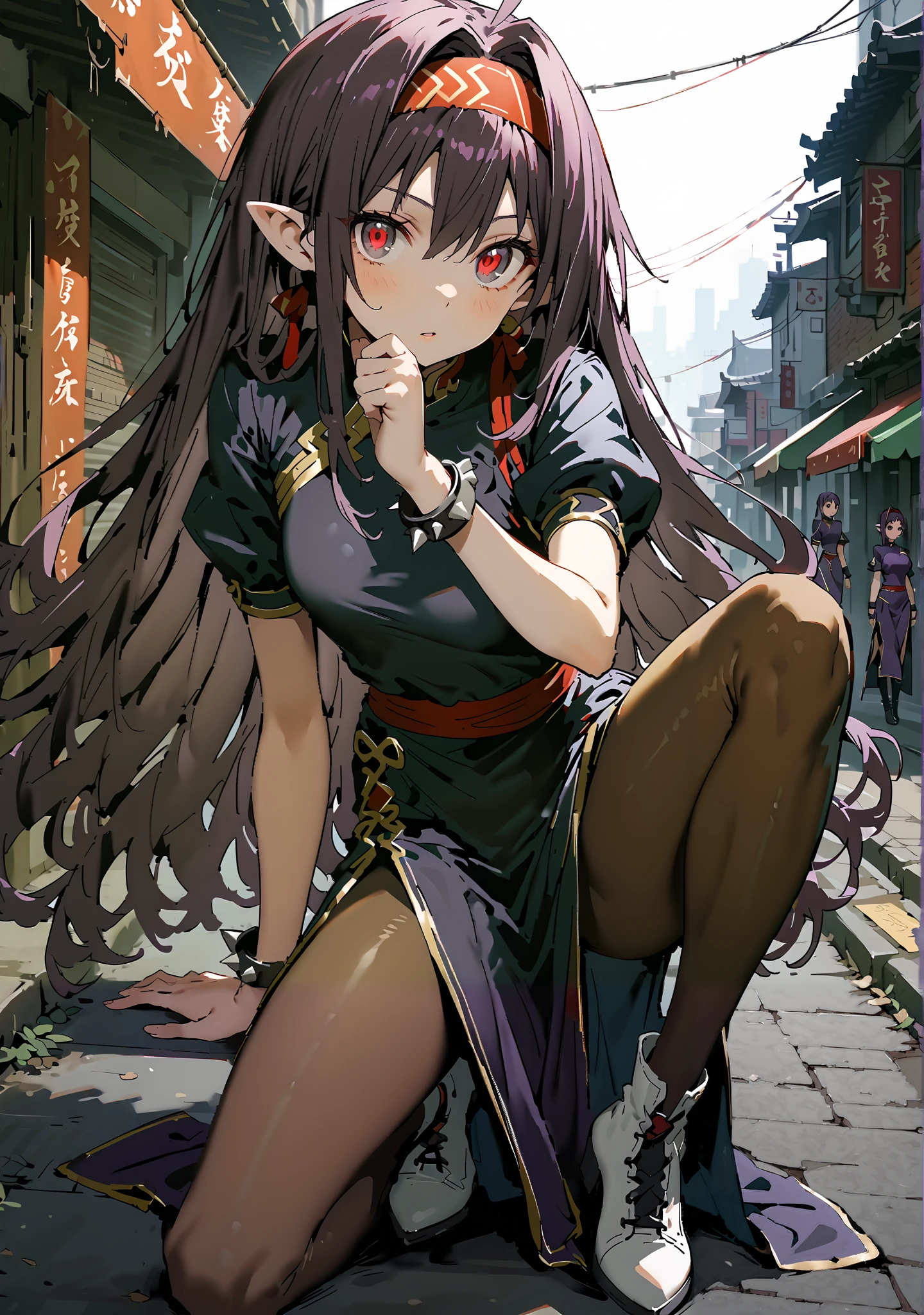 score_9, score_8_up, score_7_up,  source_anime,
 yuukiKonno, Konno Yuuki, red hair band, long hair, pointed ears, purple hair, red eyes, double chauban ,serious,close your mouth,chunlicosplay, Chunli \(cosplay\), blue  dress, boots, bracelet, brown pantyhose, china  dress, Chinese clothes, cross lace footwear,  dress,  gold trim,  jewelry, pantyhose, pelvic curtain, puff sleeve, band, short sleeve, side slits when it comes out, spiked bracelet, spike, White footwear,standing, leg up, Leg lift, Beautiful cityscape, combat posture,full bodyがイラストに入るように,                                                        break outdoors,Chinatown,
break looking at viewer,full body,
break (masterpiece:1.2), best quality, High Resolution, Unity 8K Wallpaper, ( illustration of a woman with a penis :0.8), (Beautiful Detailed Eyes:1.6), very detailed face, perfect lighting, very detailed CG, (perfect hands with full nudity, perfect anatomy),