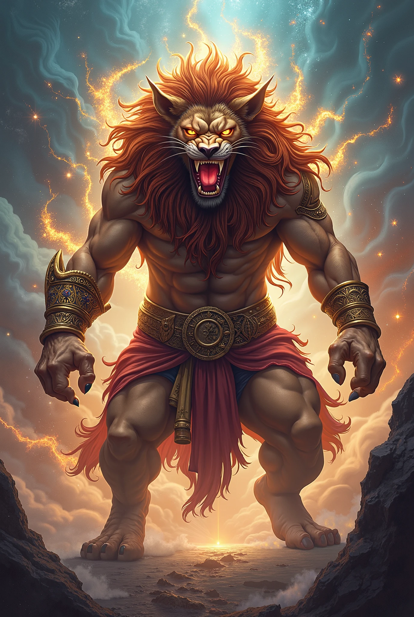 Lord vishnu narashima avatar with body and head lion with two hands long nails