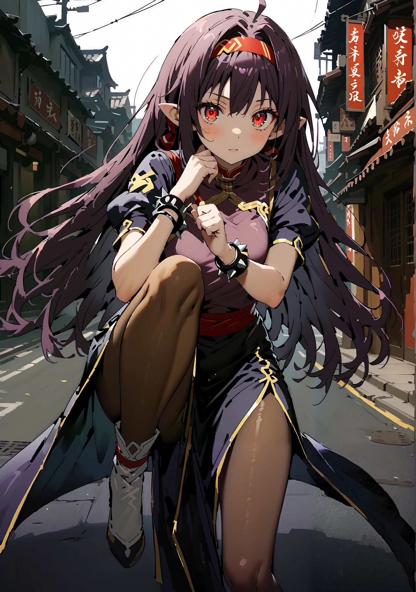 score_9, score_8_up, score_7_up,  source_anime,
 yuukiKonno, Konno Yuuki, red hair band, long hair, pointed ears, purple hair, red eyes, double chauban ,serious,close your mouth,chunlicosplay, Chunli \(cosplay\), blue  dress, boots, bracelet, brown pantyhose, china  dress, Chinese clothes, cross lace footwear,  dress,  gold trim,  jewelry, pantyhose, pelvic curtain, puff sleeve, band, short sleeve, side slits when it comes out, spiked bracelet, spike, White footwear,standing, leg up, Leg lift, Beautiful cityscape, combat posture,full bodyがイラストに入るように,                                                        break outdoors,Chinatown,
break looking at viewer,full body,
break (masterpiece:1.2), best quality, High Resolution, Unity 8K Wallpaper, ( illustration of a woman with a penis :0.8), (Beautiful Detailed Eyes:1.6), very detailed face, perfect lighting, very detailed CG, (perfect hands with full nudity, perfect anatomy),