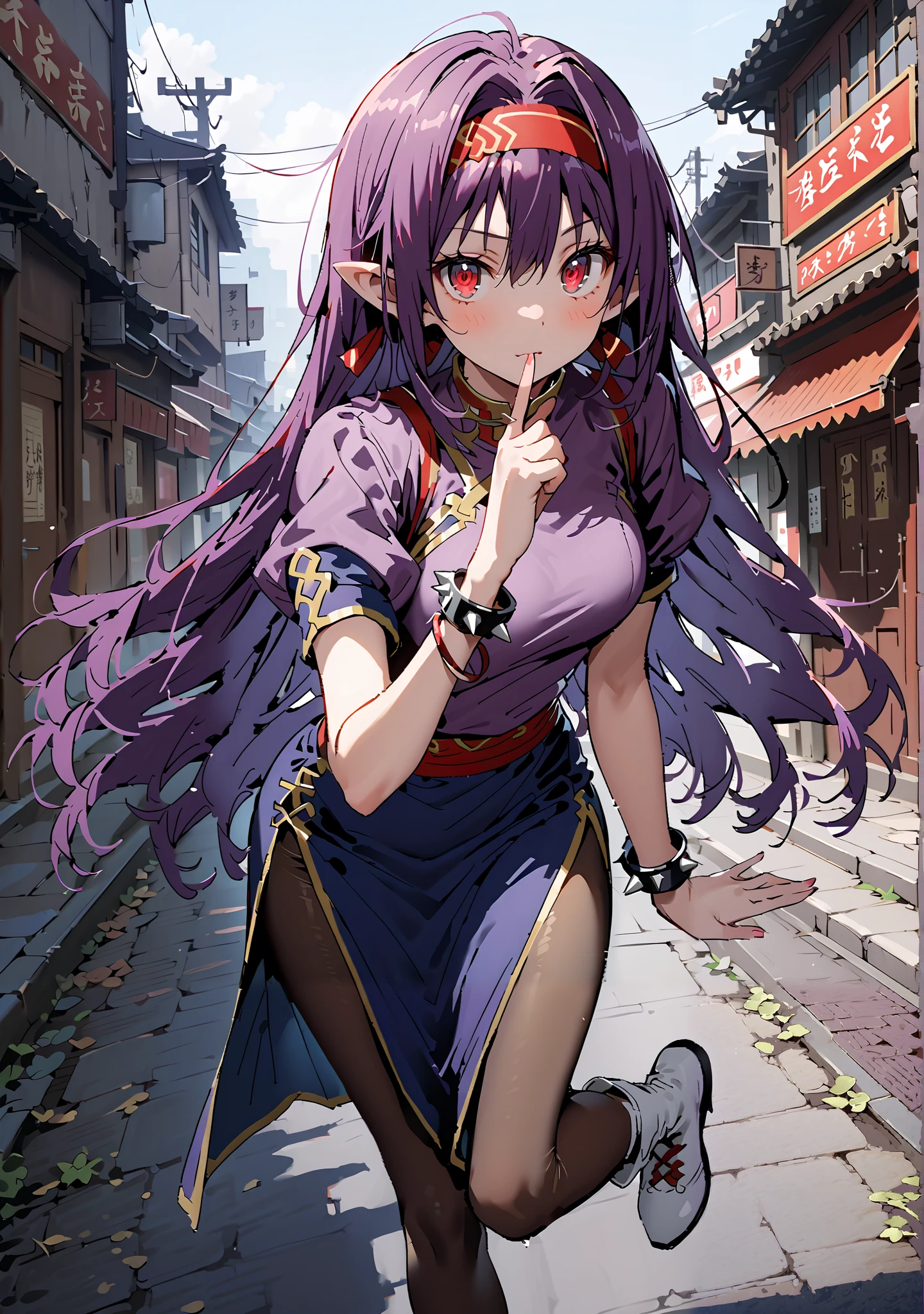 score_9, score_8_up, score_7_up, source_anime,
yuukiKonno, Konno Yuuki, red hair band, long hair, pointed ears, purple hair, red eyes, double chauban ,serious,close your mouth,chunlicosplay, Chunli \(cosplay\), blue dress, boots, bracelet, brown pantyhose, china dress, Chinese clothes, cross lace footwear, dress, gold trim, jewelry, pantyhose, pelvic curtain, puff sleeve, band, short sleeve, side slits when it comes out, spiked bracelet, spike, White footwear,standing, leg up, Leg lift, Beautiful cityscape, combat posture,full bodyがイラストに入るように, break outdoors,Chinatown,
break looking at viewer,full body,
break (masterpiece:1.2), best quality, High Resolution, Unity 8K Wallpaper, ( illustration of a woman with a penis :0.8), (Beautiful Detailed Eyes:1.6), very detailed face, perfect lighting, very detailed CG, (perfect hands with full nudity, perfect anatomy),