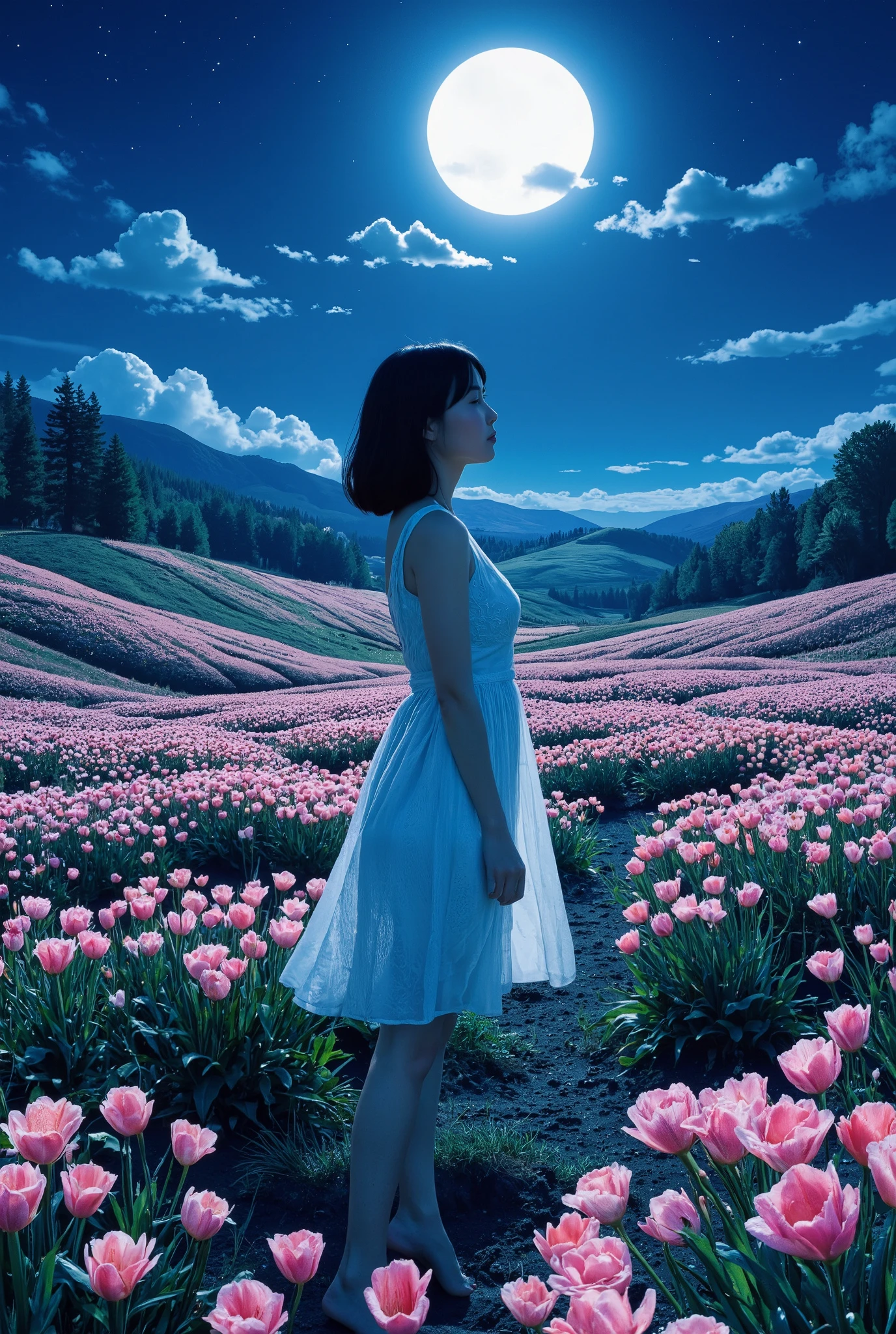 Create an image of a stunning 20-year-old Japanese girl with fair skin stands gracefully in a moonlit flower field. She has medium-length straight hair with parted bangs, and she wears a white summer dress. The background features a stunning patchwork of flowers sprawling across the hills, illuminated by the enchanting glow of a large moon, creating a magical atmosphere.