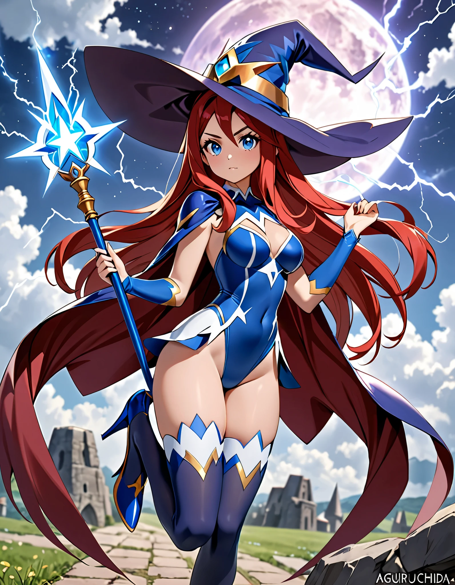 a cartoon of a woman dressed in a superhero costume holding a wand, witch academia, superhero sorceress witch, glamorous angewoman digimon, sky witch, by Aguri Uchida, maya ali as a lightning mage, leotard, blue leotard with white accent, bare legs, blue thigh-highs, red high heels, witch hat, red hair, long hair, blue eyes, beautiful detailed eyes, beautiful detailed face, cute face, medium breasts, -18, solo, solo focus, wonder.