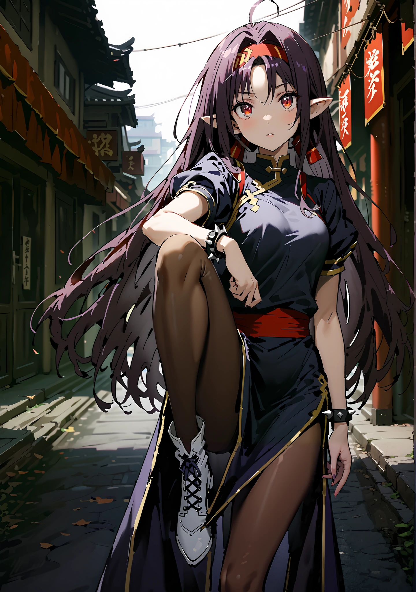 score_9, score_8_up, score_7_up, source_anime,
yuukiKonno, Konno Yuuki, red hair band, long hair, pointed ears, purple hair, red eyes, double chauban ,serious,close your mouth,chunlicosplay, Chunli \(cosplay\), blue dress, boots, bracelet, brown pantyhose, china dress, Chinese clothes, cross lace footwear, dress, gold trim, jewelry, pantyhose, pelvic curtain, puff sleeve, band, short sleeve, side slits when it comes out, spiked bracelet, spike, White footwear,standing, leg up, Leg lift, Beautiful cityscape, combat posture,full bodyがイラストに入るように, break outdoors,Chinatown,
break looking at viewer,full body,
break (masterpiece:1.2), best quality, High Resolution, Unity 8K Wallpaper, ( illustration of a woman with a penis :0.8), (Beautiful Detailed Eyes:1.6), very detailed face, perfect lighting, very detailed CG, (perfect hands with full nudity, perfect anatomy),