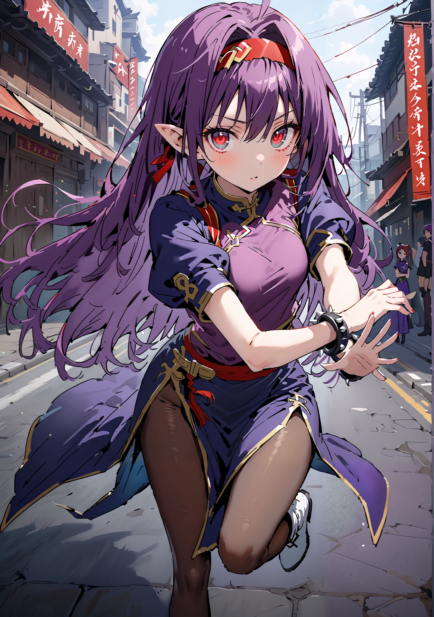 score_9, score_8_up, score_7_up, source_anime,
yuukiKonno, Konno Yuuki, red hair band, long hair, pointed ears, purple hair, red eyes, double chauban ,serious,close your mouth,chunlicosplay, Chunli \(cosplay\), blue dress, boots, bracelet, brown pantyhose, china dress, Chinese clothes, cross lace footwear, dress, gold trim, jewelry, pantyhose, pelvic curtain, puff sleeve, band, short sleeve, side slits when it comes out, spiked bracelet, spike, White footwear,standing, leg up, Leg lift, Beautiful cityscape, combat posture,full bodyがイラストに入るように, break outdoors,Chinatown,
break looking at viewer,full body,
break (masterpiece:1.2), best quality, High Resolution, Unity 8K Wallpaper, ( illustration of a woman with a penis :0.8), (Beautiful Detailed Eyes:1.6), very detailed face, perfect lighting, very detailed CG, (perfect hands with full nudity, perfect anatomy),