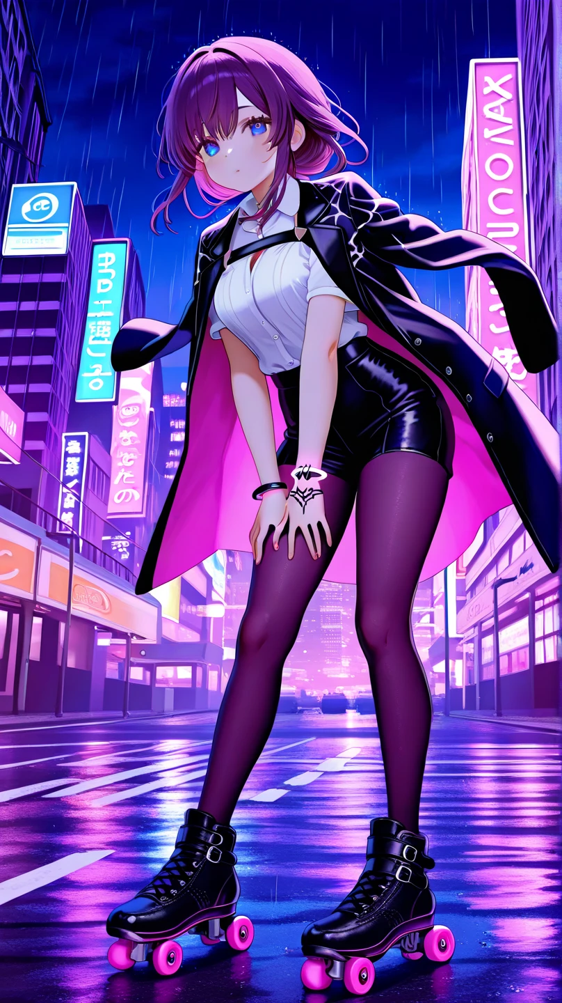 (Best quality, masterpiece:1.5), solo, standing, beautiful shot of a beautiful black haired android woman with shimmering green eyes, medium sized breasts, and ((detailed seams)) along her body, wearing a form fitting business suit and tie, pencil skirt, and matching high heels. She’s posing confidently, and has a warm smile on her face. The background shows she’s in a futuristic version of New York City, at night.