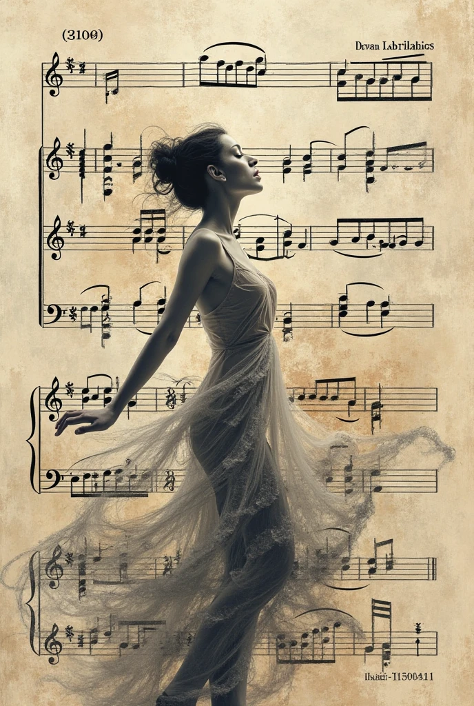 create an image with a woman's outline and musical notes around it