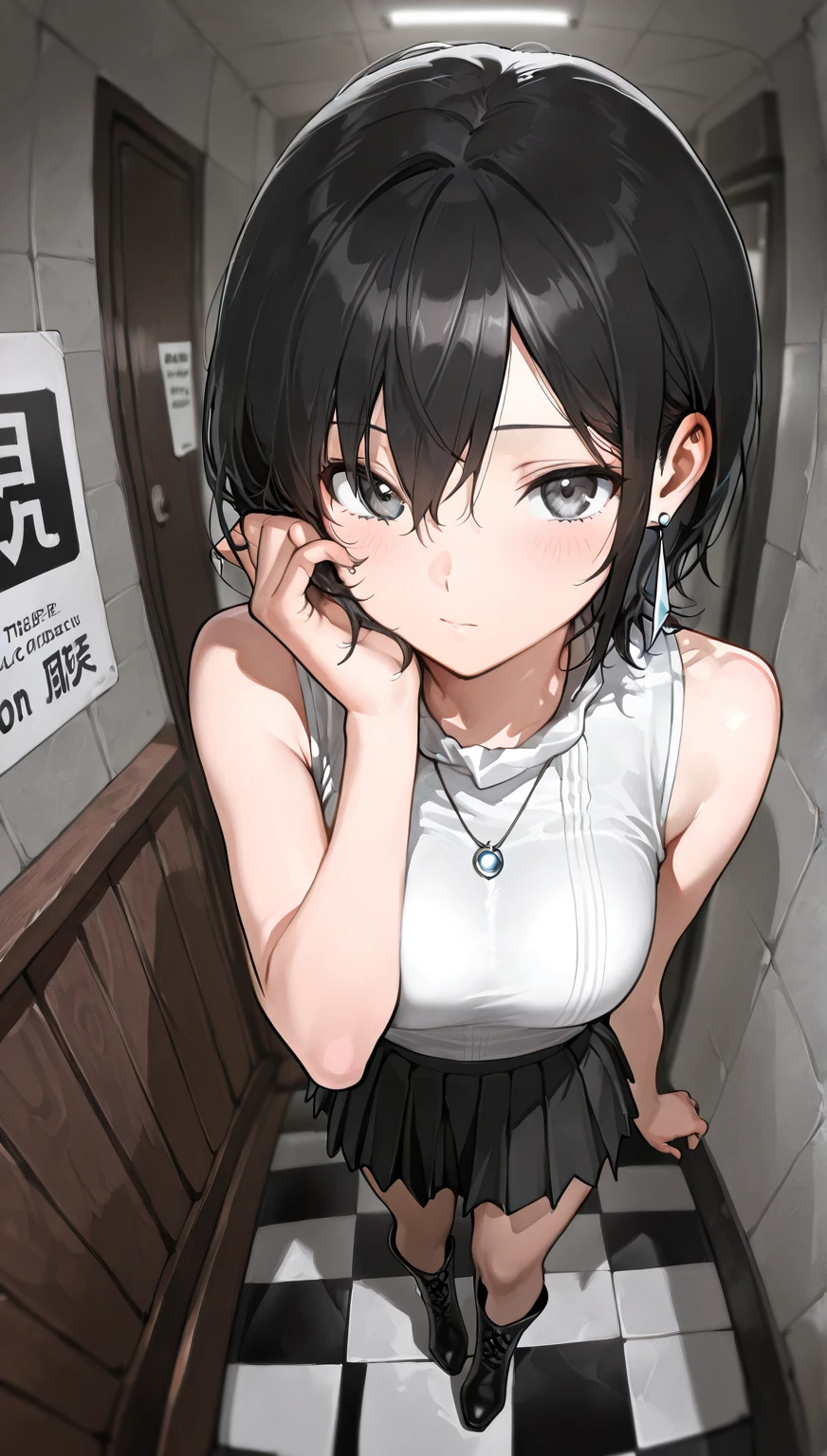 black Tennis uniform, absurdres, RAW photo, extremely delicate and beautiful, masterpiece, Best Quality, ultra high resolution, 32k, hyperrealistic, ultra-detailed, perfect figure, tearful mole, earring, whole body shot, short medium hair, wavy hair,